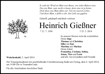 Anzeige von Heinrich Gießner von MGO