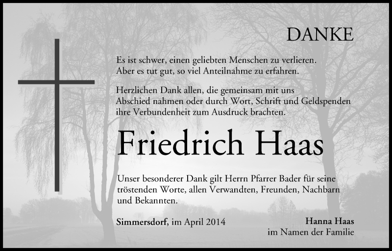  Traueranzeige für Friedrich Haas vom 03.04.2014 aus MGO
