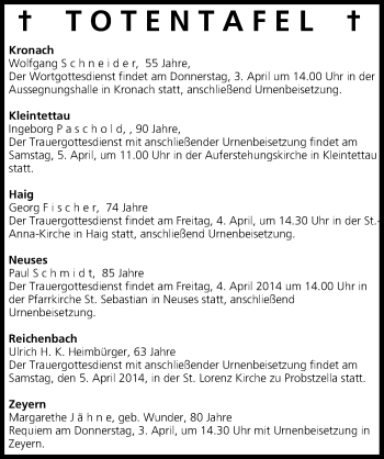 Anzeige von Totentafel vom 03.04.2014 von MGO