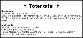 Anzeige von Totentafel vom 05.04.2013 von MGO