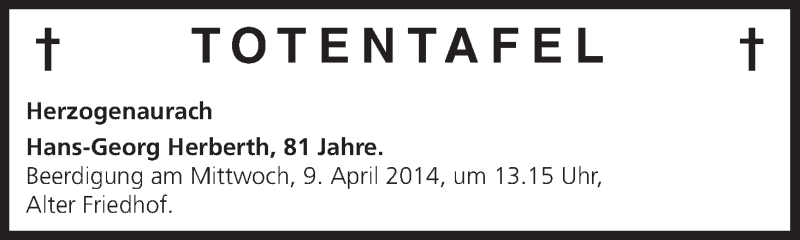  Traueranzeige für Totentafel vom 05.04.2013 vom 05.04.2014 aus MGO