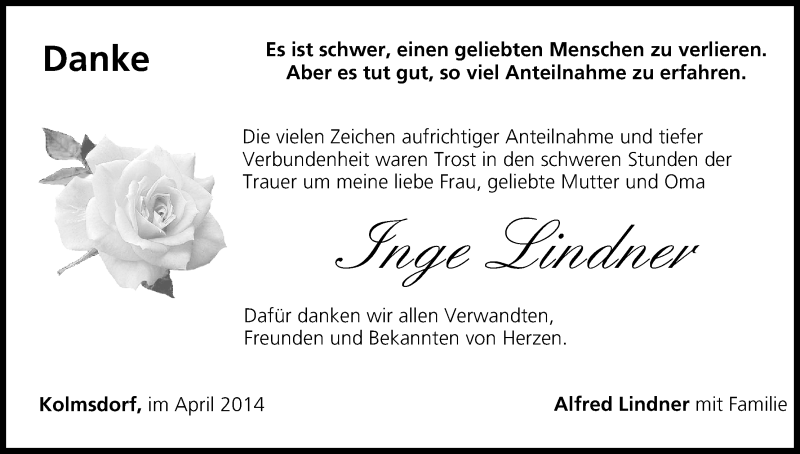  Traueranzeige für Inge Lindner vom 05.04.2014 aus MGO