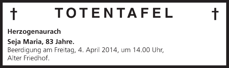  Traueranzeige für Totentafel vom 03.04.2014 vom 03.04.2014 aus MGO