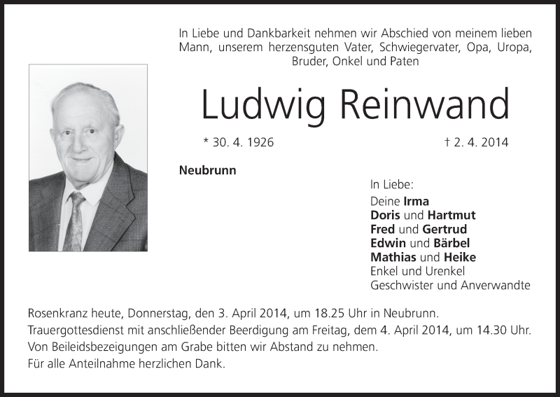  Traueranzeige für Ludwig Reinwand vom 03.04.2014 aus MGO