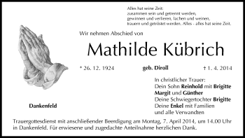 Anzeige von Mathilde Kübrich von MGO