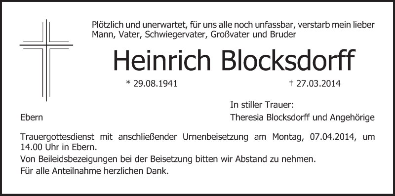  Traueranzeige für Heinrich Blocksdorff vom 04.04.2014 aus MGO