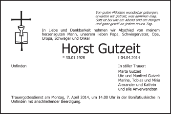 Anzeige von Horst Gutzeit von MGO