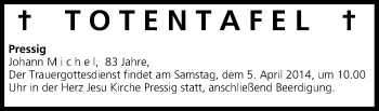Anzeige von Totentafel vom 05.04.2014 von MGO
