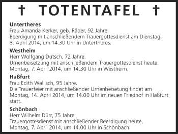 Anzeige von Totentafel vom 07.04.2014 von MGO
