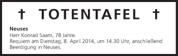 Anzeige von Totentafel vom 08.04.2014 von MGO