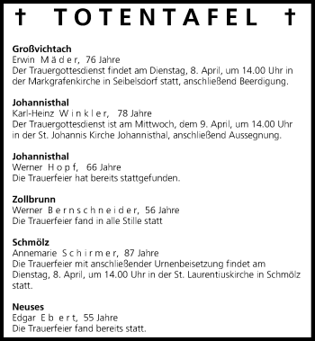 Anzeige von Totentafel vom 08.04.2014 von MGO