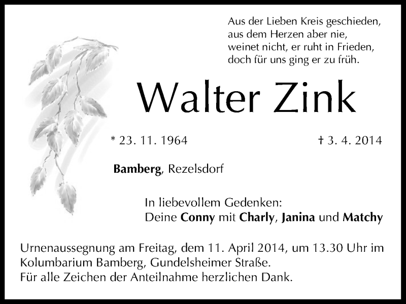  Traueranzeige für Walter Zink vom 07.04.2014 aus MGO