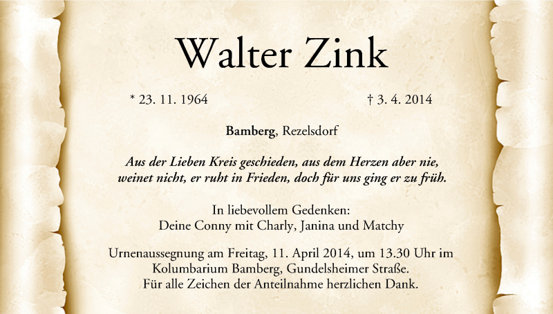  Traueranzeige für Walter Zink vom 07.04.2014 aus MGO