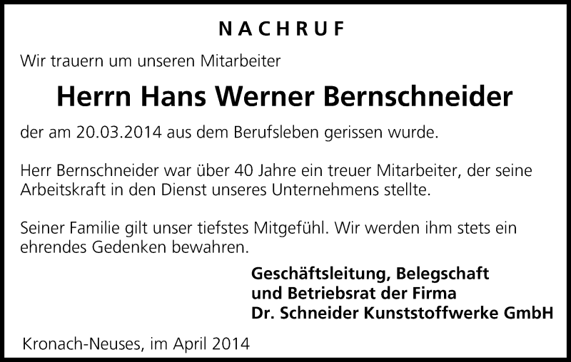  Traueranzeige für Hans Werner Bernschneider vom 08.04.2014 aus MGO