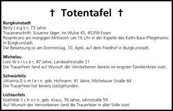 Anzeige von Totentafel vom 08.04.2014 von MGO