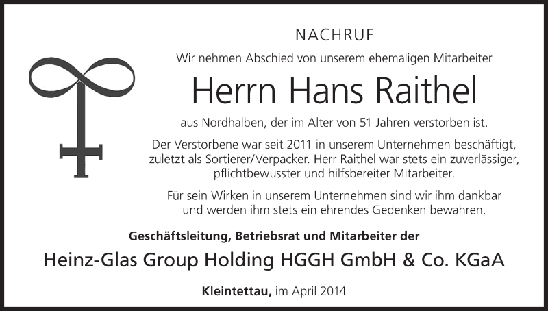  Traueranzeige für Hans Raithel vom 08.04.2014 aus MGO