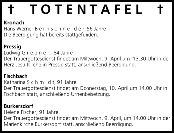 Anzeige von Totentafel vom 09.04.2014 von MGO