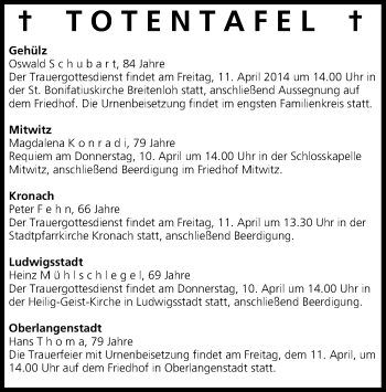 Anzeige von Totentafel vom 10.04.2014 von MGO