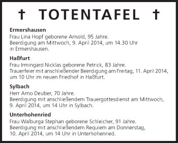 Anzeige von Totentafel vom 09.04.2014 von MGO