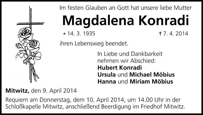  Traueranzeige für Magdalena Konradi vom 09.04.2014 aus MGO