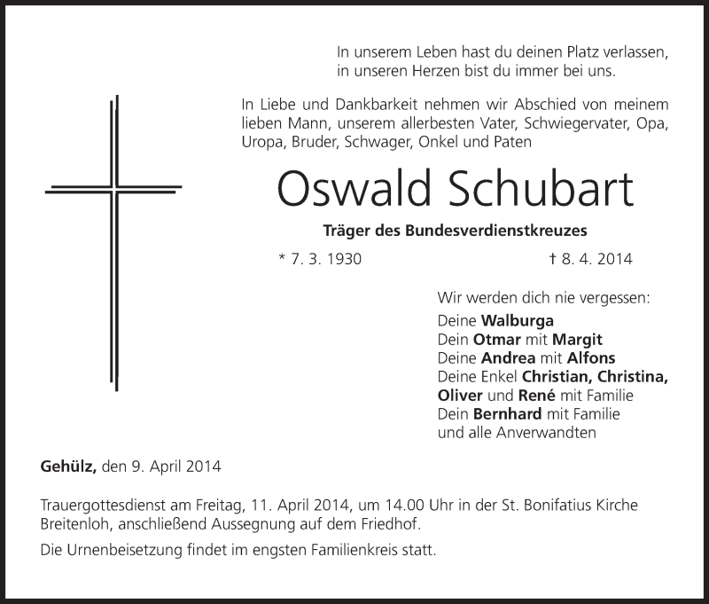  Traueranzeige für Oswald Schubart vom 09.04.2014 aus MGO