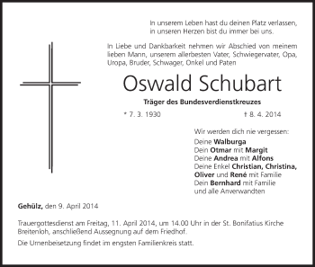 Anzeige von Oswald Schubart von MGO