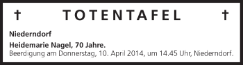 Anzeige von Totentafel vom 09.04.2014 von MGO