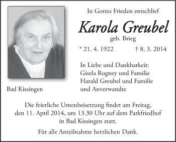 Anzeige von Karola Greubel von MGO