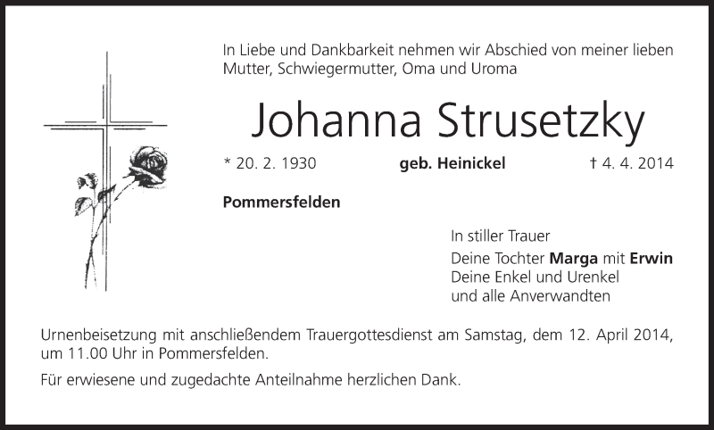  Traueranzeige für Johanna Strusetzky vom 10.04.2014 aus MGO