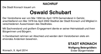 Anzeige von Oswald Schubart von MGO