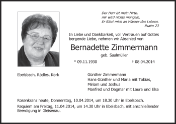 Anzeige von Bernadette Zimmermann von MGO