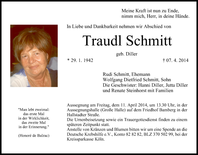  Traueranzeige für Traudl Schmitt vom 10.04.2014 aus MGO