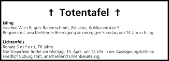 Anzeige von Totentafel vom 11.04.2014 von MGO