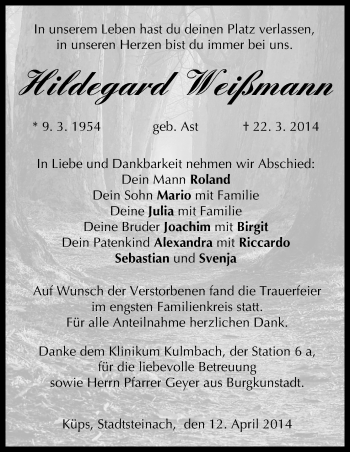 Anzeige von Hildegard Weißmann von MGO