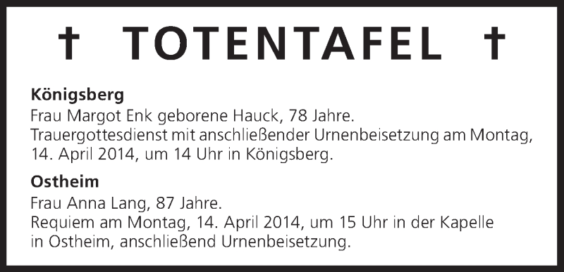  Traueranzeige für Totentafel vom 12.04.2014 vom 12.04.2014 aus MGO