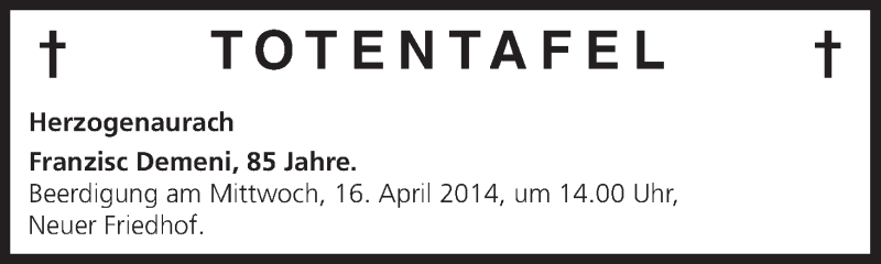  Traueranzeige für Totentafel vom 16.04.2014 vom 14.04.2014 aus MGO