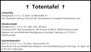 Anzeige von Totentafel vom 12.04.2014 von MGO