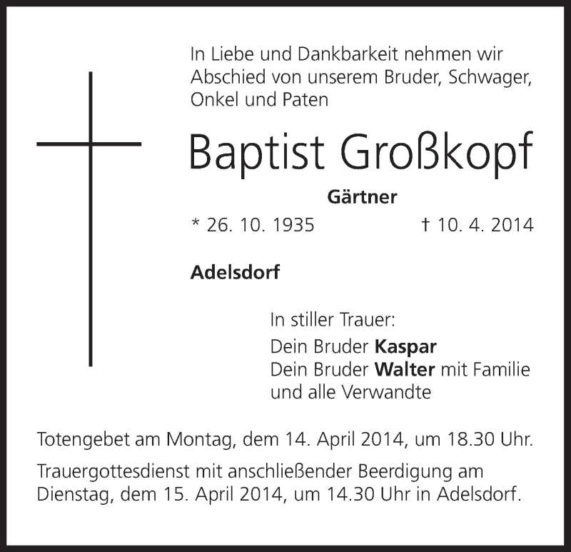  Traueranzeige für Baptist Großkopf vom 12.04.2014 aus MGO