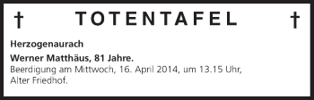 Anzeige von Totentafel vom 15.04.2014 von MGO