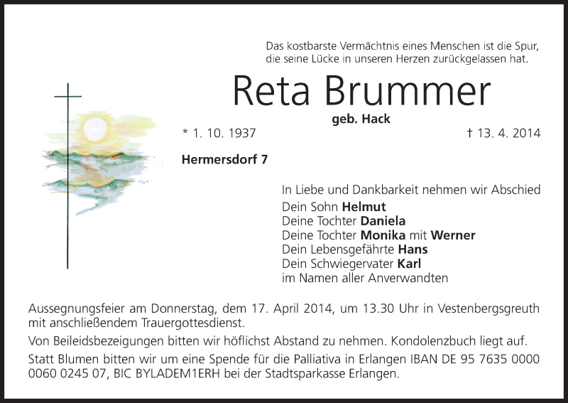  Traueranzeige für Reta Brummer vom 15.04.2014 aus MGO