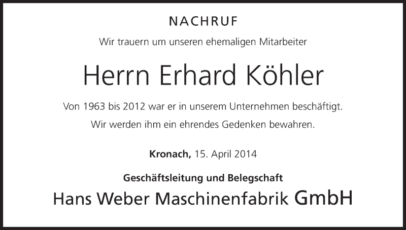  Traueranzeige für Erhard Köhler vom 15.04.2014 aus MGO