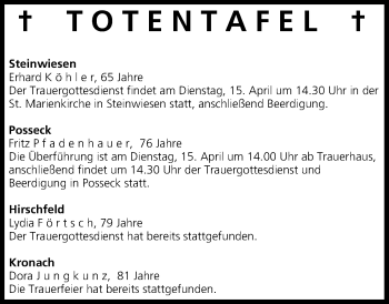 Anzeige von Totentafel vom 15.04.2014 von MGO