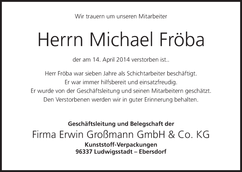  Traueranzeige für Michael Fröba vom 19.04.2014 aus MGO