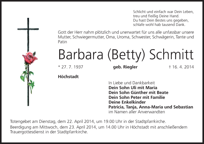  Traueranzeige für Barbara  Schmitt vom 19.04.2014 aus MGO