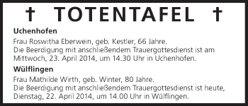 Anzeige von Totentafel vom 22.04.2014 von MGO