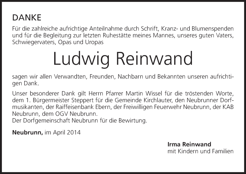  Traueranzeige für Ludwig Reinwand vom 17.04.2014 aus MGO