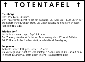 Anzeige von Totentafel 17.04.2014 von MGO