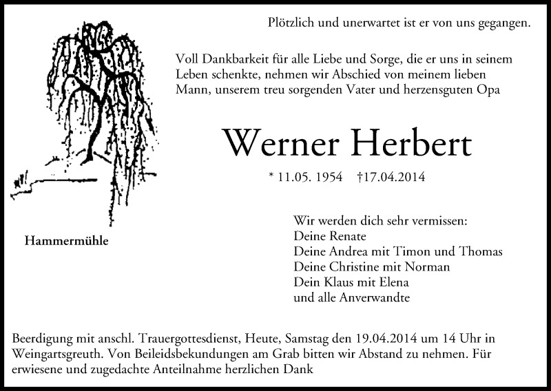  Traueranzeige für Werner Herbert vom 19.04.2014 aus MGO