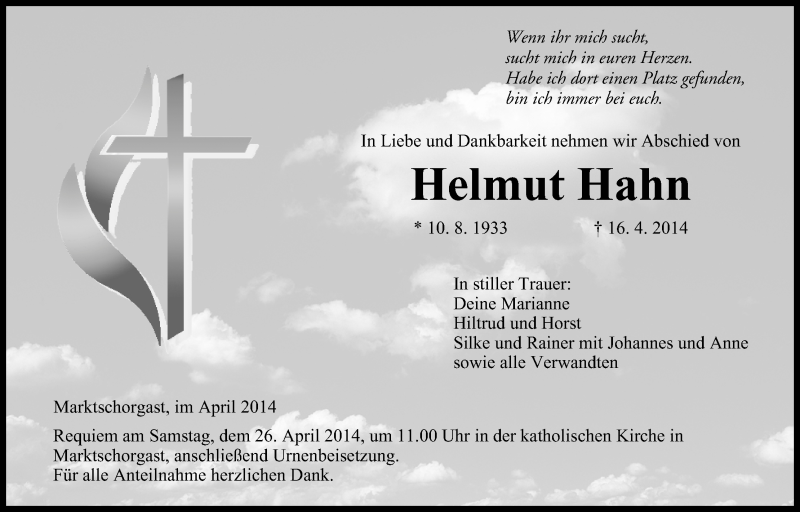  Traueranzeige für Helmut Hahn vom 24.04.2014 aus MGO