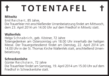 Anzeige von Totentafel 19.04.2014 von MGO